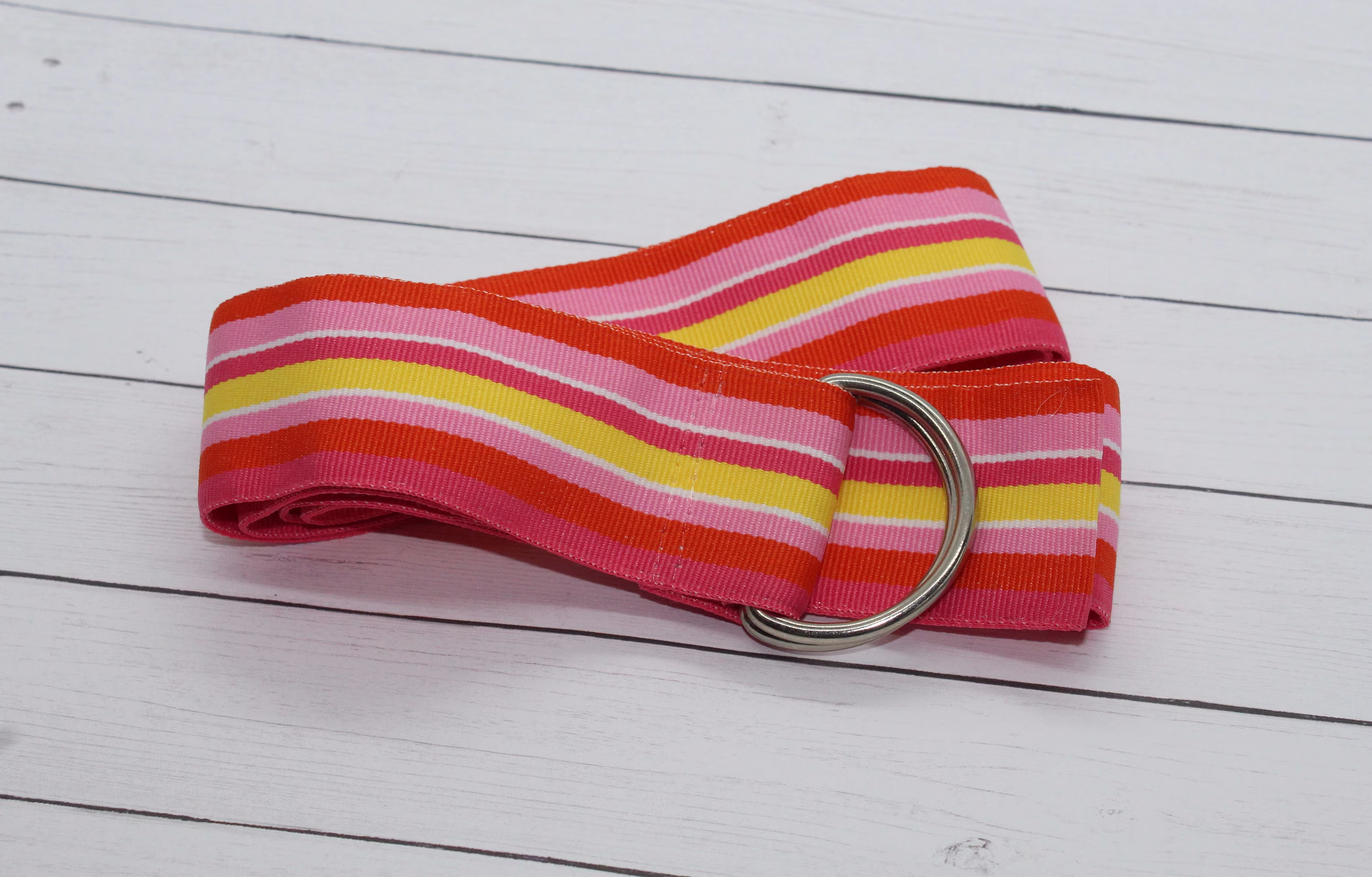 Women's Pink, Orange, & Yellow Striped Grosgrain Ribbon Belt, All Season Gold Or Silver Hardware, Gift For Her