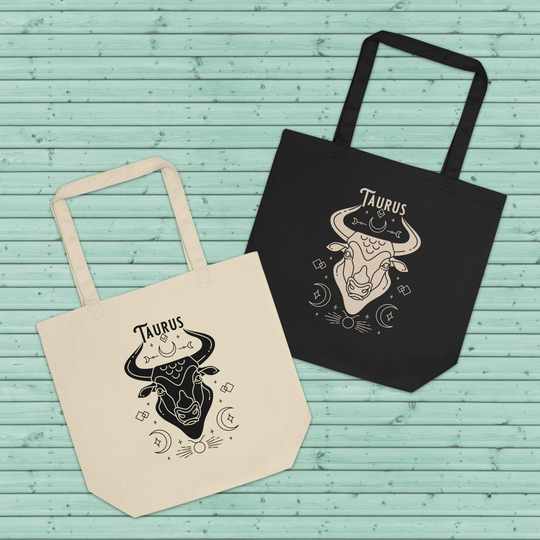Taurus Zodiac Eco Friendly Organic Cotton Canvas Reusable Tote Bag, Astrology Celestial Market Shopping Witchy Sustainable Gift