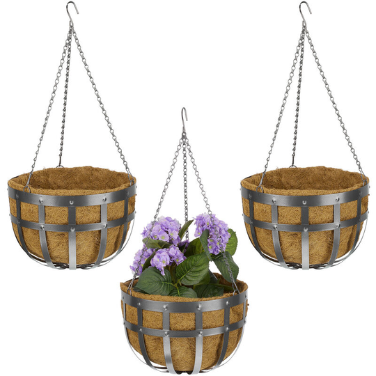 Relaxdays - hanging baskets, set of 3, with coco liner, metal outdoor planter with hook, size 75 x 35 cm, in grey