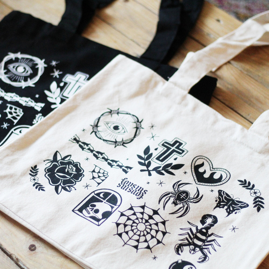 Tattoo Flash Pocket Tote Bag Organic Cotton Black Cream Screen Printed With Inside Pockets Design