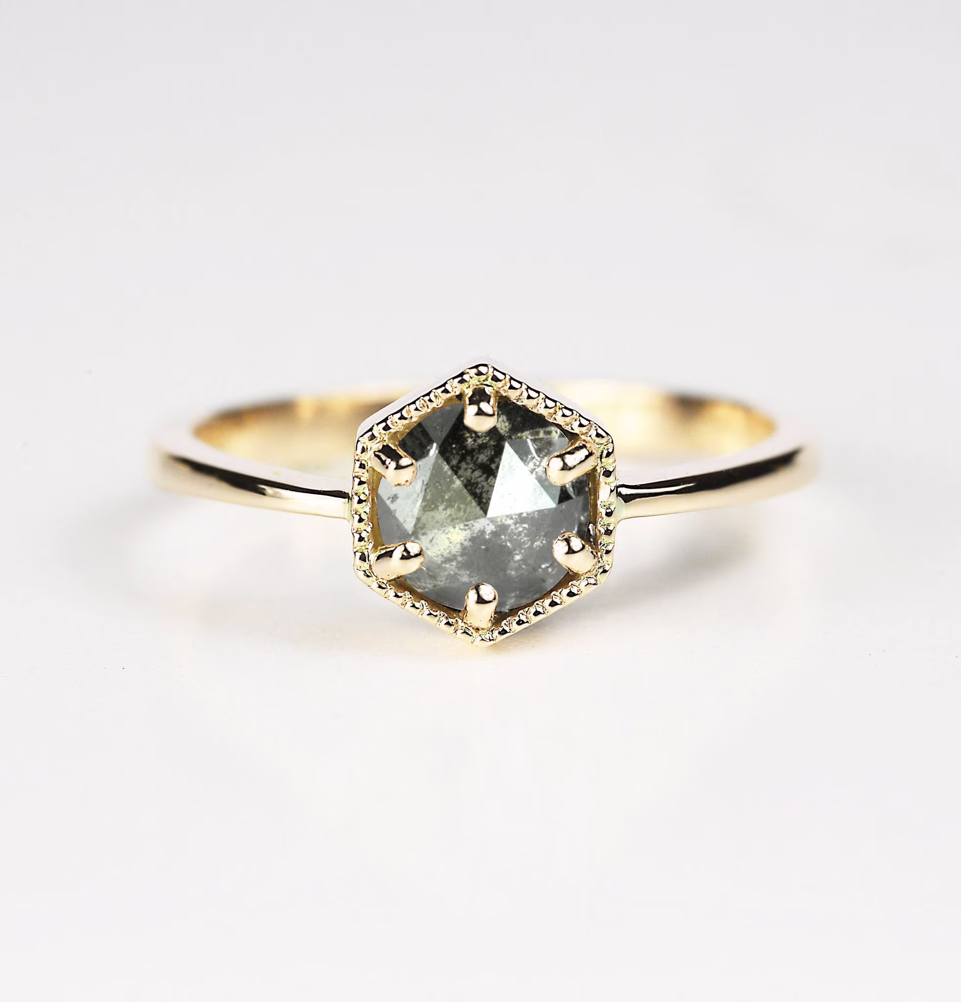 Salt & Pepper Diamond Hexagon Dainty Ring | Shape Vintage Grey Rose Gold 9K/14K/18K Art Deco Anniversary