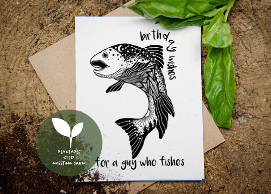 Birthday Greeting Card, Plantable Seed Sustainable Biodegradable Basil Paper, Fisherman Gift, Wildflower Card