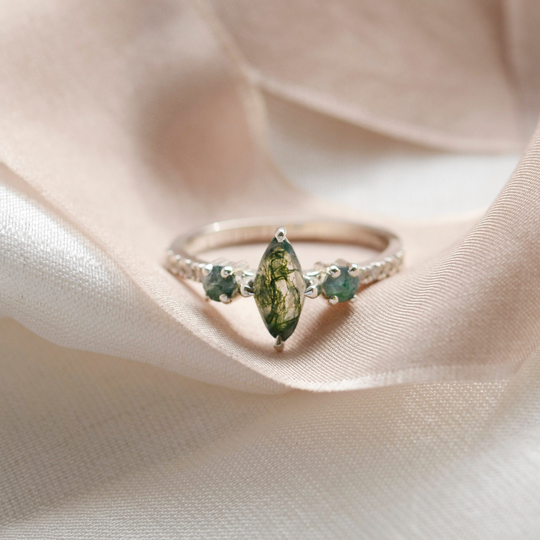 Organic Moss Agate Sterling Silver Ring Marquise Engagement Natural