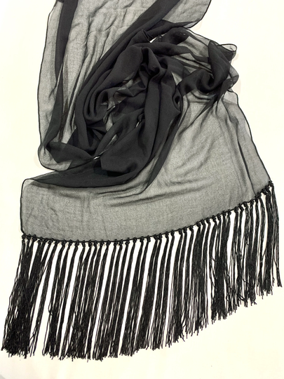Classic Black Shawl, Plain Black Fringed Must Have Evening Wear Georgette All Season Shawl