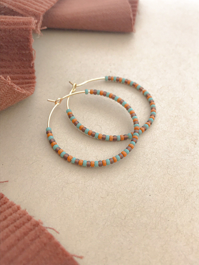 Teal, Orange, & Brown Seed Bead Hoop Earrings