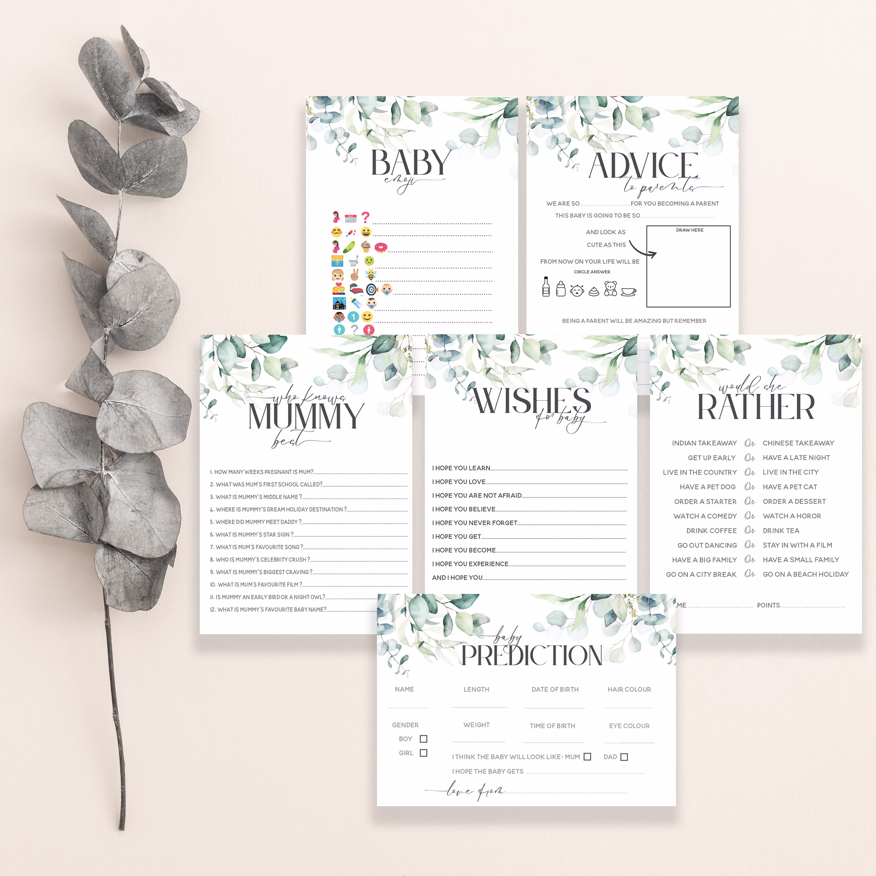 Baby Shower Games Botanical Boho Green Tea Party New Mum To Be Gender Reveal Favours Ideas Keepsake Prediction Advice Kensington