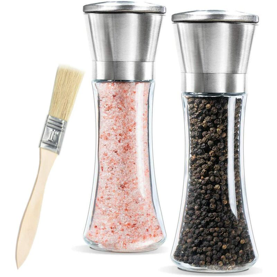 Salt and Pepper Grinder Set, Salt and Pepper Shakers with Adjustable Coarseness,Brushed Stainless Steel and Glass Body Shakers