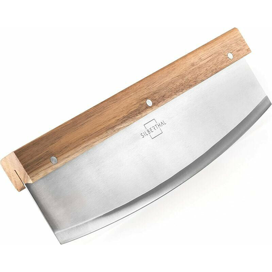 Pizza Cutter Stainless Steel and Acacia Wood - Half Moon Pizza Knife 32cm - Hopper Herb Vegetable Pie - Easy Cut