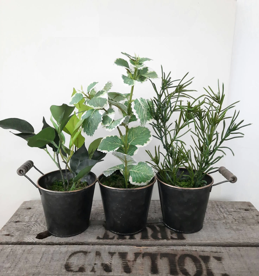 Faux Herb Tin Bucket Trio