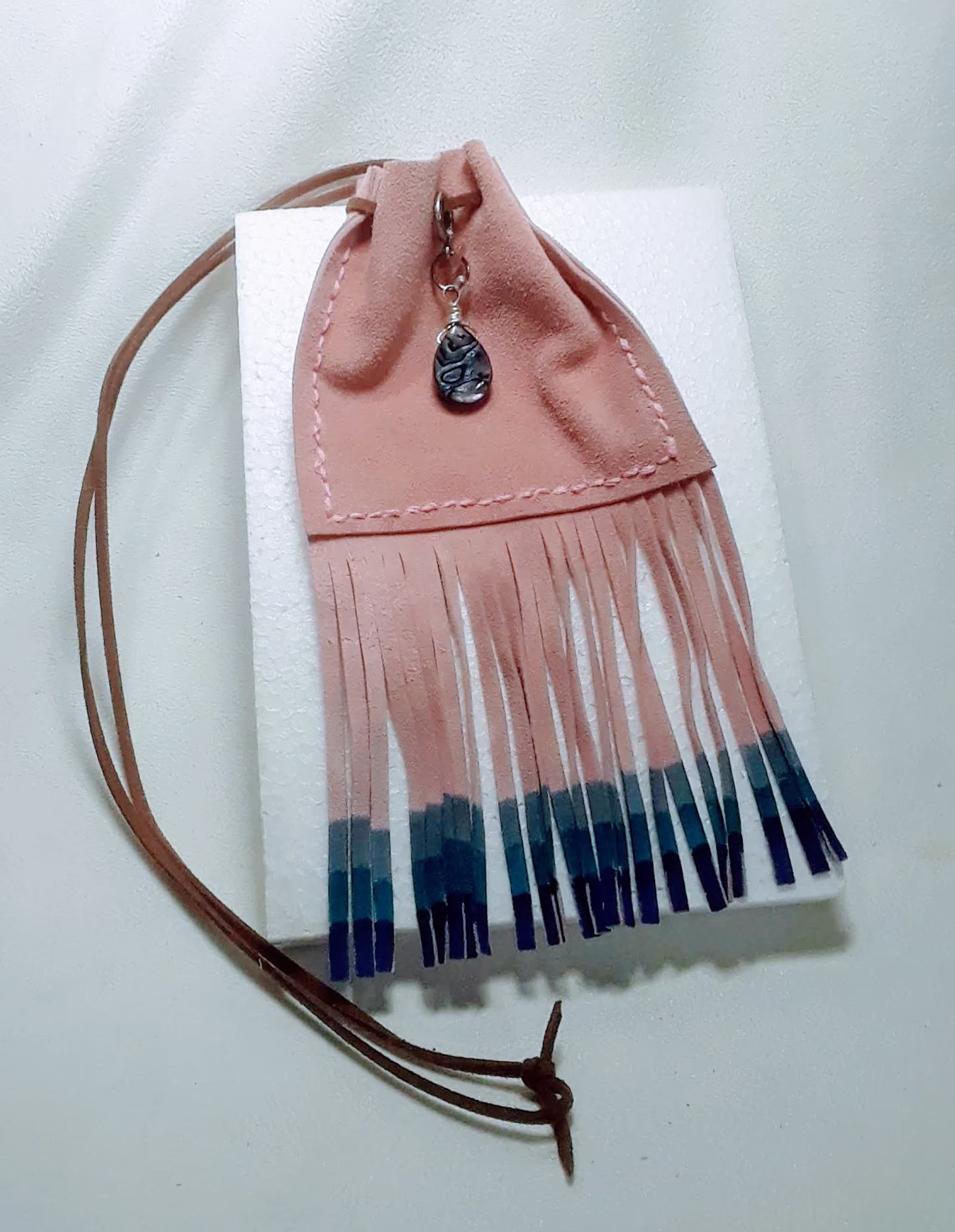Paua Shell Charm Boho Shabby Chic Fringed Pouch Amulet Medicine Necklace in Recycled Pink Suede