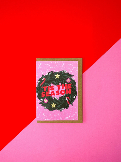 Tis The Season Card - Pink Christmas Girly Bright Xmas