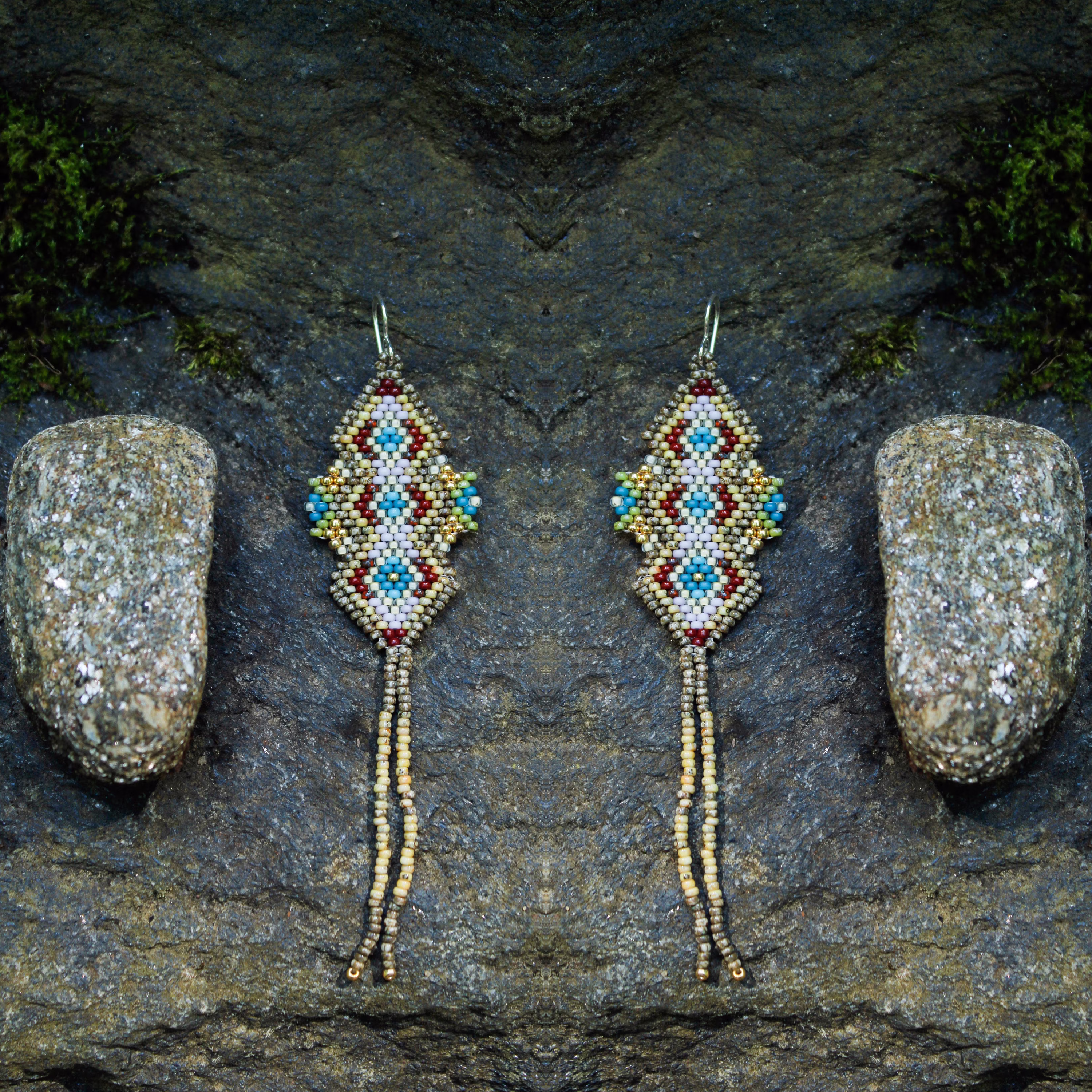 Aquita Sagrada Sacred Water Earrings, Beaded, Stone, Clay, Multiple Colors, Medicine, Diamond, Nature, Metal, Handwoven, Stitched, Short