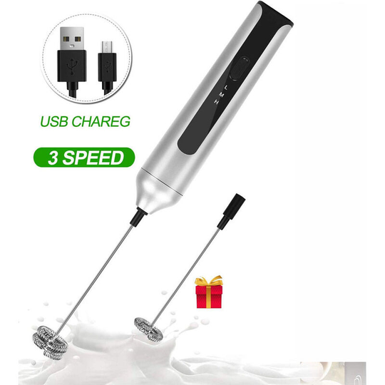 Rechargeable Electric Milk Frother with 2 Stainless Steel Whisks, Mini Whisk 3 Adjustable Speeds for Coffee, Matcha, Latte Cappuccino, Hot Chocolate,