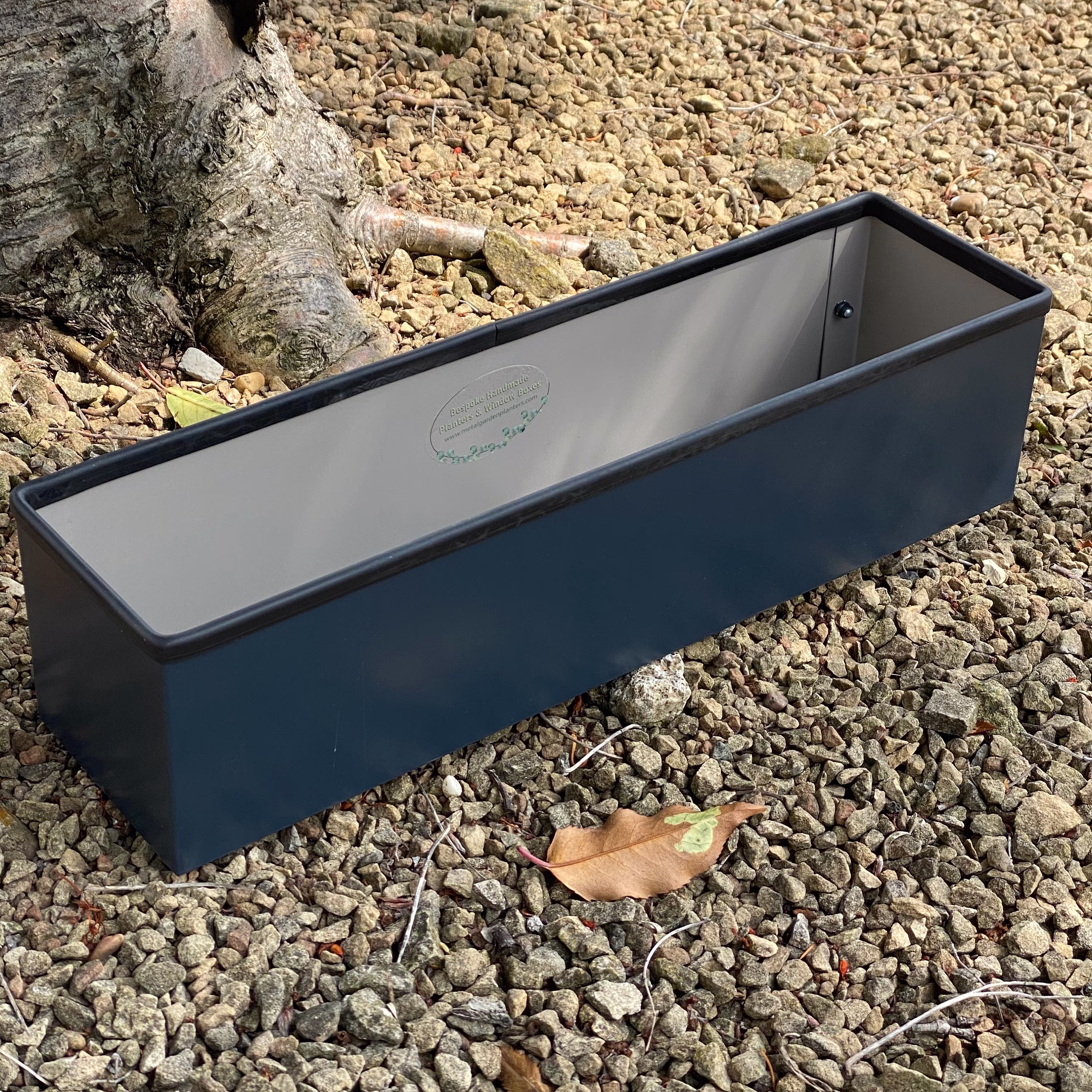 40cm Long Slate Blue Smooth Finish Window Box Style Handmade Metal Planter, With Rubber Trim On Top Edge
