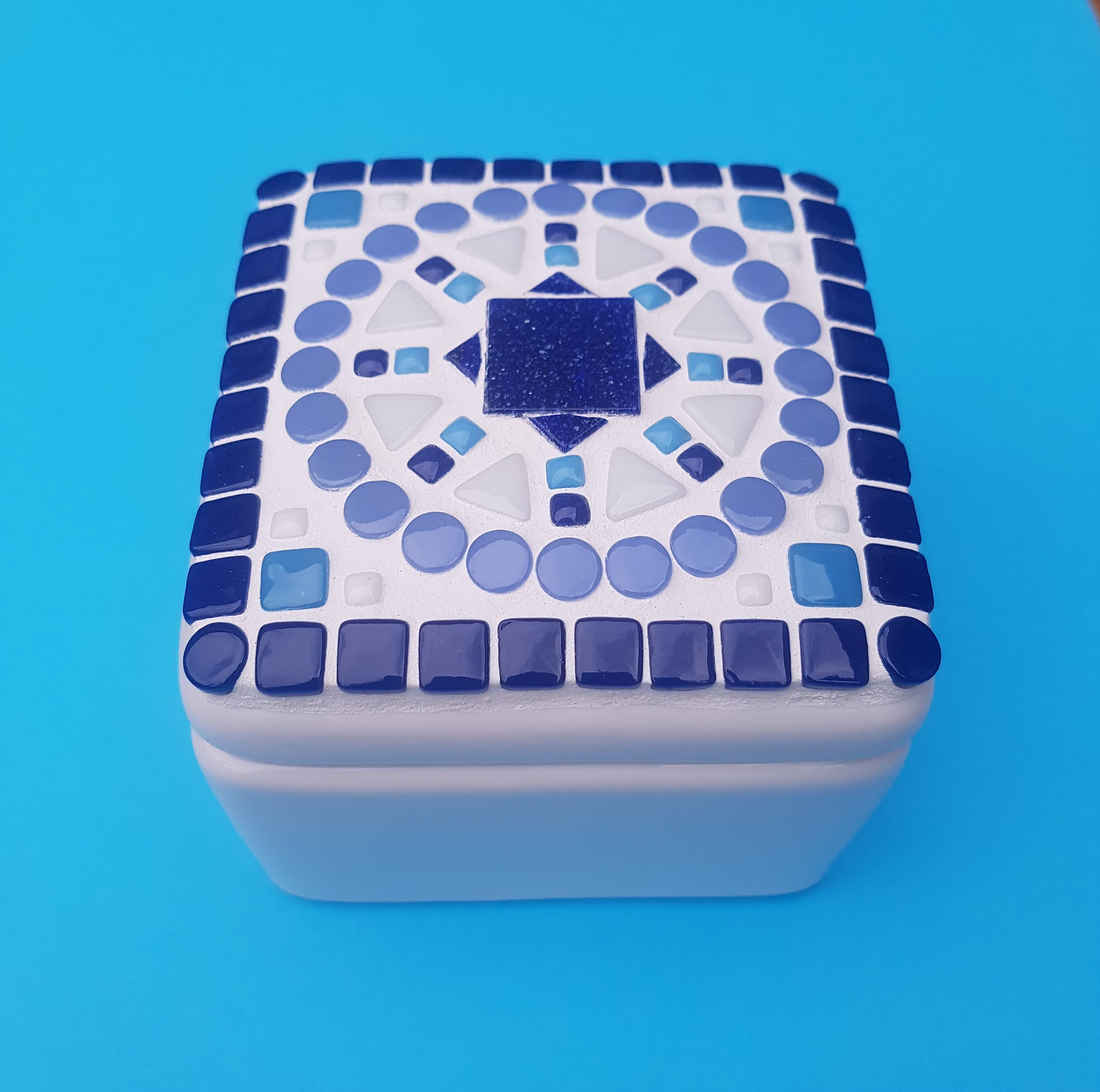 Mosaic Square Pot - Spanish Blues, Upcycled Pot, Kitchen Storage, Salt Jewelry Jewellery Storage