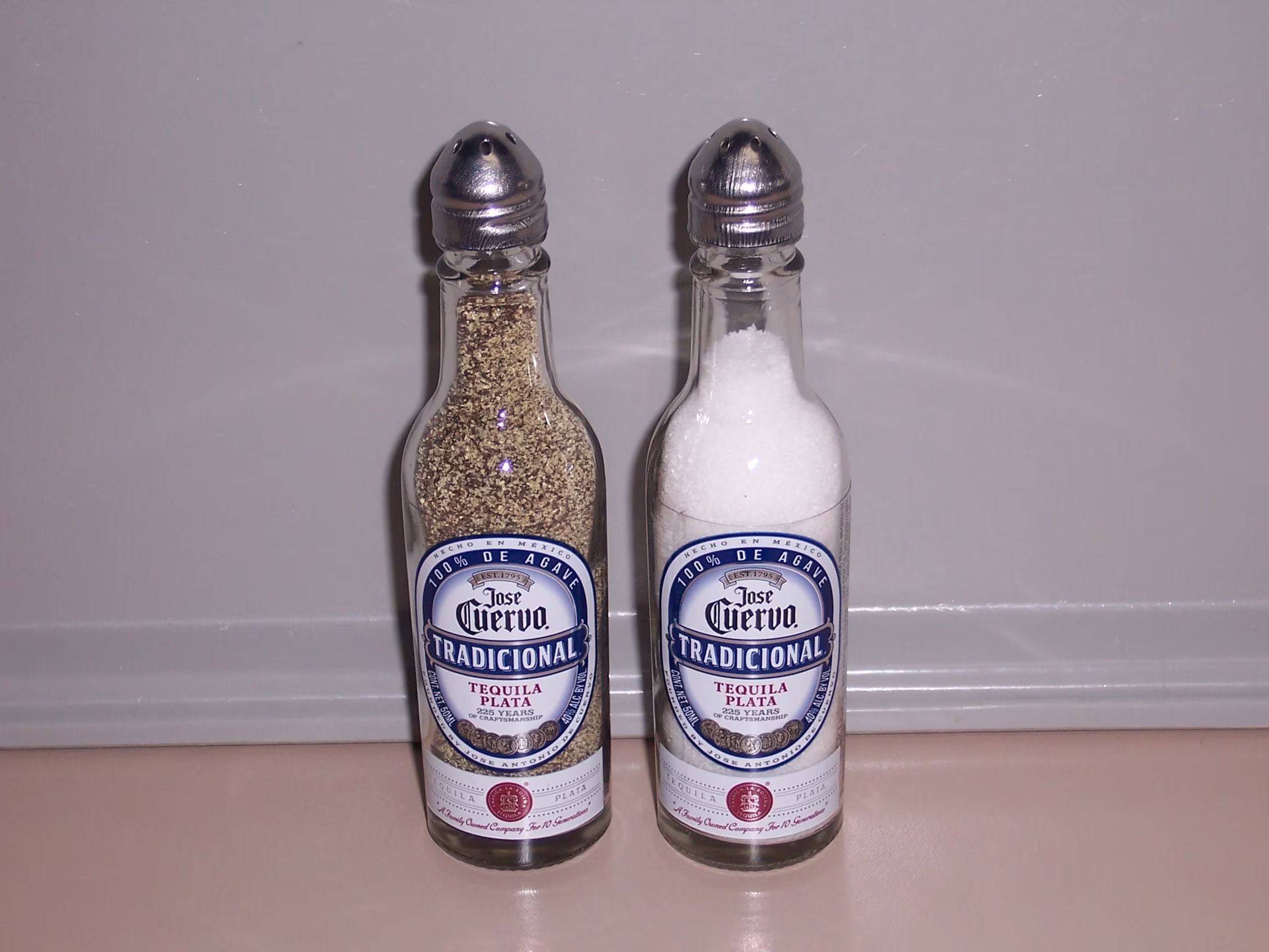 Salt & Pepper Shaker Set From Repurposed Jose Cuervo Tradicional Tequila Plata 50Ml Glass Bottles 5.25