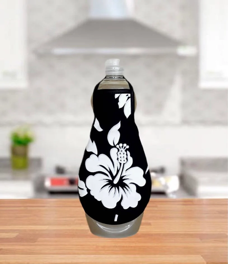 Lg Black White Hibiscus Dish Soap Bottle Apron - Fits 32 To 50 Oz