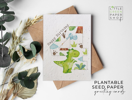 Plantable Flower Seed Paper Cards A6 - Birthday Dinosaurs 4 Birthday, Kids, Boys, Friends, Greeting, Gardening, Eco-Friendly, Biodegradable
