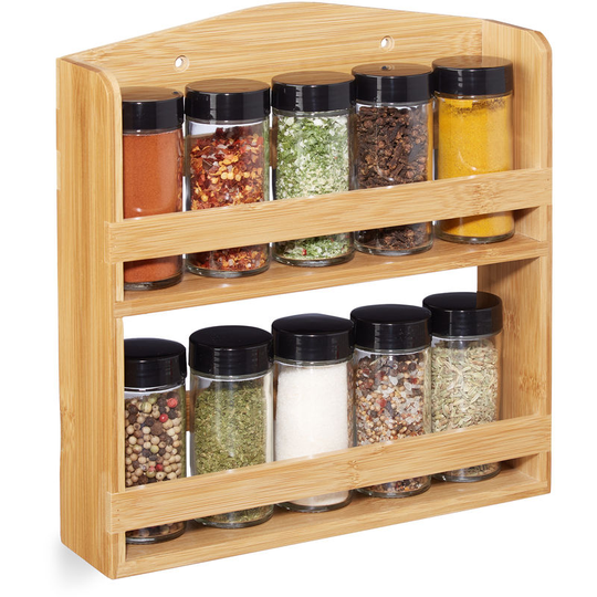 Spice Rack, 10 Herb Jars with Shaker Inserts & Screw Caps, Standing & Hanging, Bamboo, Natural - Relaxdays
