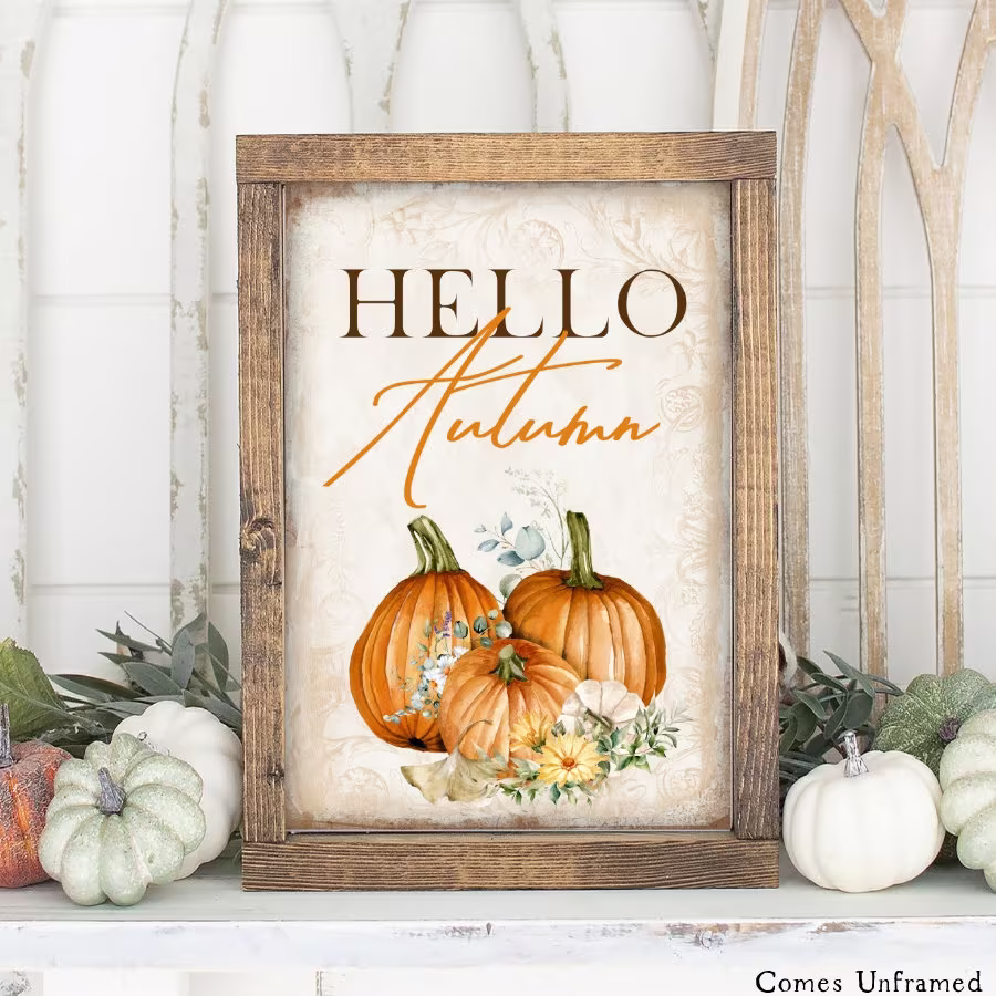 Rustic Hello Autumn Print, Pumpkin Sign, Pumpkins Farmhouse Decor, Seasonal Home Wall Art, Decor