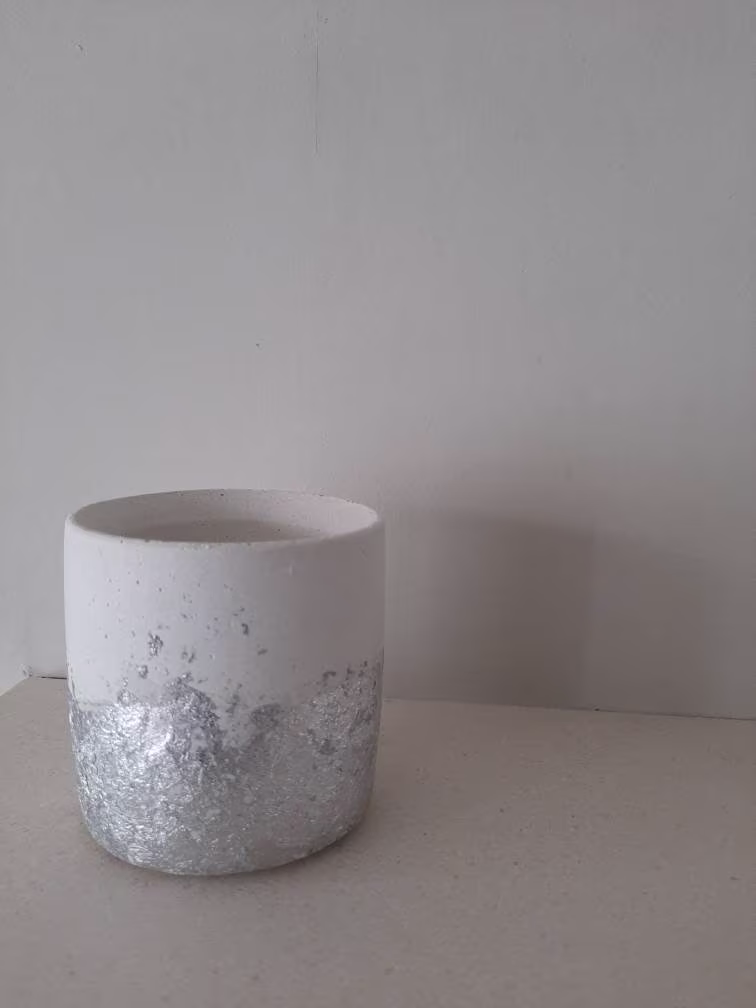 Round Concrete Planter For Succulents, White With Silver Leaf