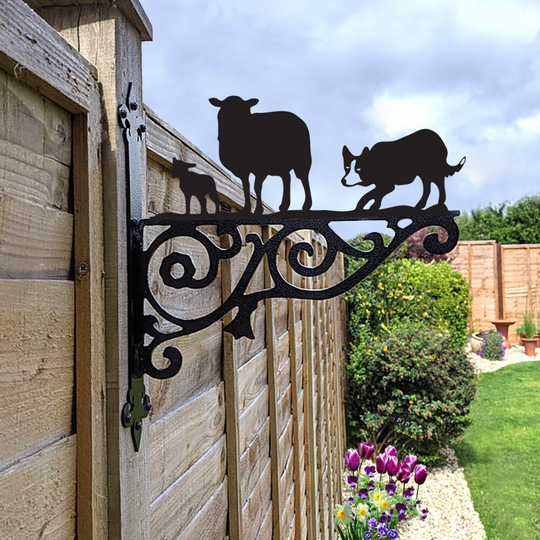 Border Collie & Sheep Ornamental Hanging Bracket - Contemporary Basket Wall Mounted Decorative Garden Black