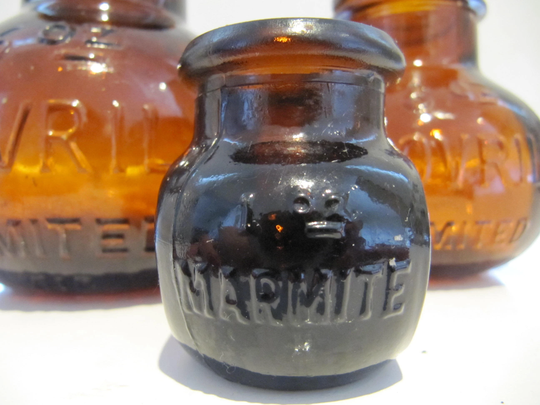 Quirky Collection Of 2 Vintage Bovril Jars & A Teeny 1Oz Marmite Jar~Country Kitchen Display~Advertising~Posy/Herb Holders~Button Jars