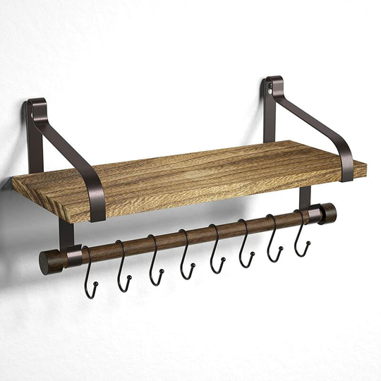 Ilovemilan - Floating Shelf Wall Shelf for Storage Rustic Wood Kitchen Spice Rack with Towel Bar and 8 Removable Hooks for Organize Cooking Utensils