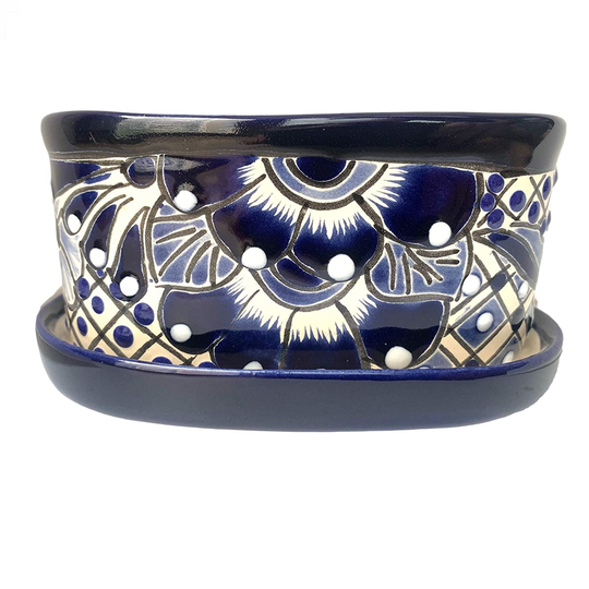 Small Ceramic Pot - Flower Planter With Drainage For Cactus Bonsai Succulents Blue & White Maceta Ceramica Azul Blanco
