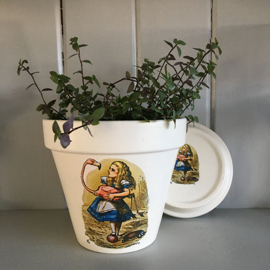 Alice in Wonderland Decoupaged Plant Pot - Indoor Planter Gift For The Home & Flamingo