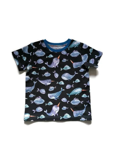 Organic Cotton Narwhal & Fish Print Tshirt, Baby Kids Narwhal T-Shirt, 0 To 16 Years, Mystical Sea Creatures, Marine Unisex