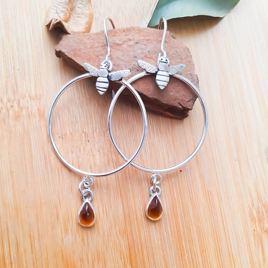 Silver Bees Earrings, With Citrine Quartz, Hoops & Gemstones, Totem Animal Jewelry