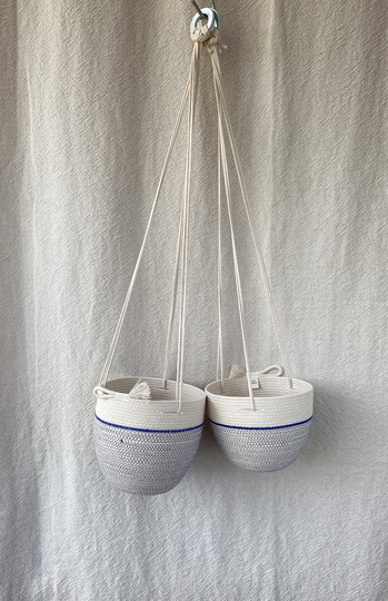 Handmade Rope Hanging Baskets - Blue Two Sizes Stitched With Unbleached Cotton & Organic Thread Bowls