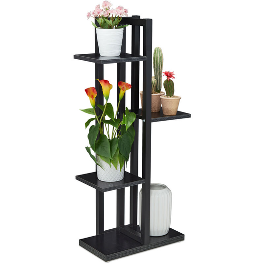 Metal Flower Stand, 4-Tier Indoor Pot Shelf Ladder, Wooden Look, HxWxD: 93 x 42.5 x 22.5 cm, Plant Rack, Black - Relaxdays