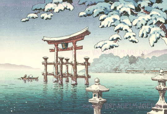 Antique Victorian Japanese Snow Covered Shinto Shrine At Miyajima Christmas Season Winter Solstice Holiday 5x7 Greeting Card