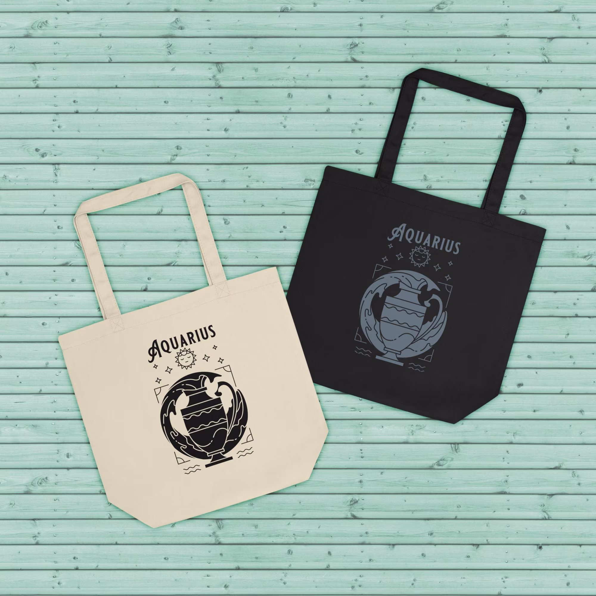 Aquarius Zodiac Eco Friendly Organic Cotton Canvas Reusable Tote Bag, Astrology Celestial Market Shopping Witchy Sustainable Gift
