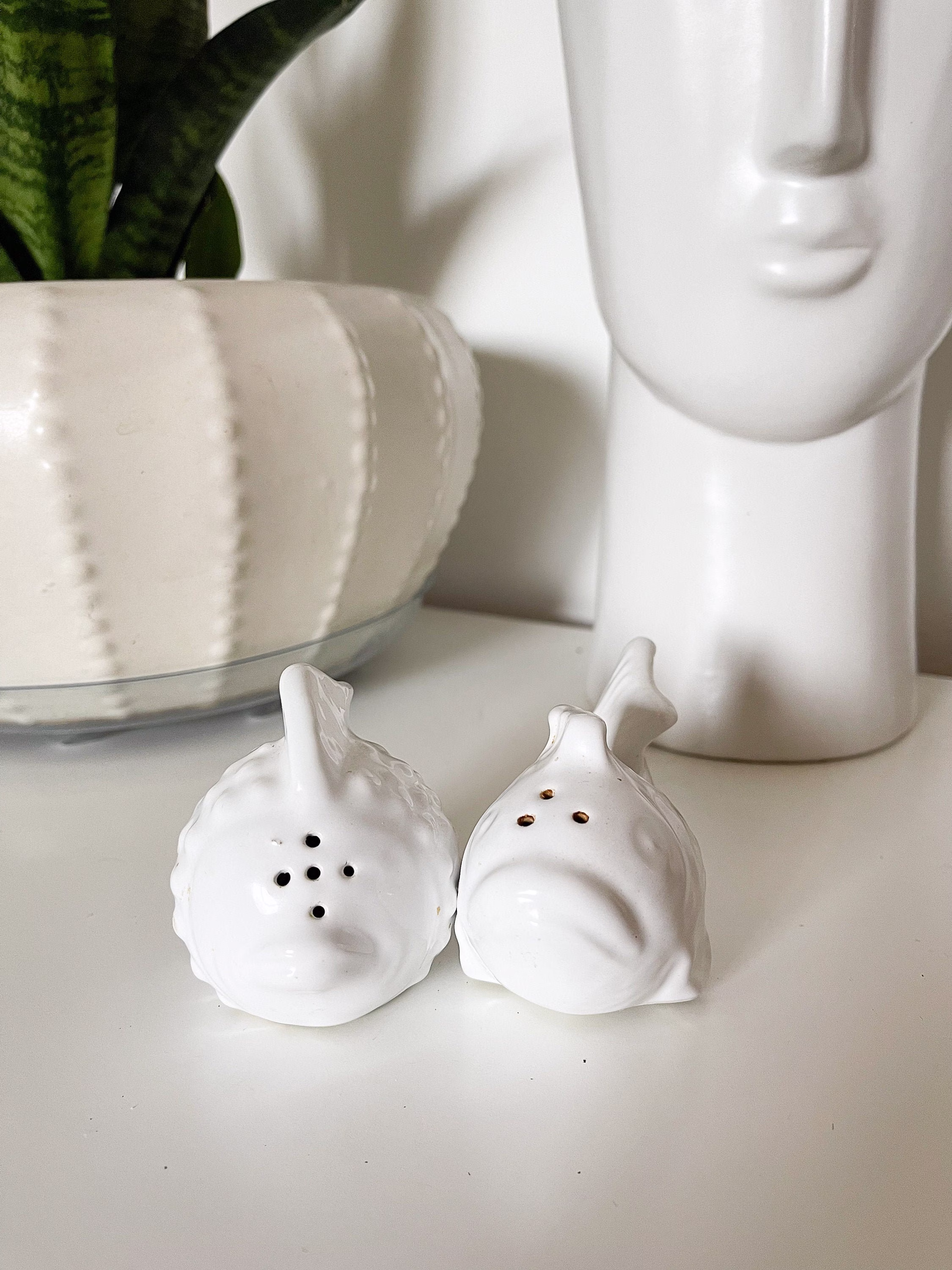 Vintage Pier 1 White Ceramic Fish Salt & Pepper Shaker