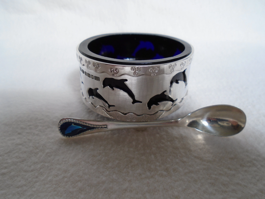 Hallmarked Sterling Silver Salt Dish Showing Leaping Dolphins, With Antique Blue Glass Liner & Accompanying Spoon
