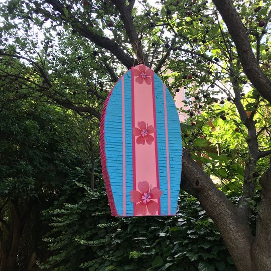 Surfboard Pinata With Pink Hibiscus For Summer Birthday Parties, Gender Reveals, Baby Showers, Beach Wedding Parties