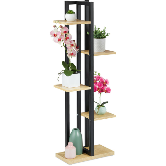 Metal Flower Stand, 5-Tier Indoor Pot Shelf Ladder, Wooden Look, 117 x 43 x 22 cm, Plant Rack, Light Brown - Relaxdays
