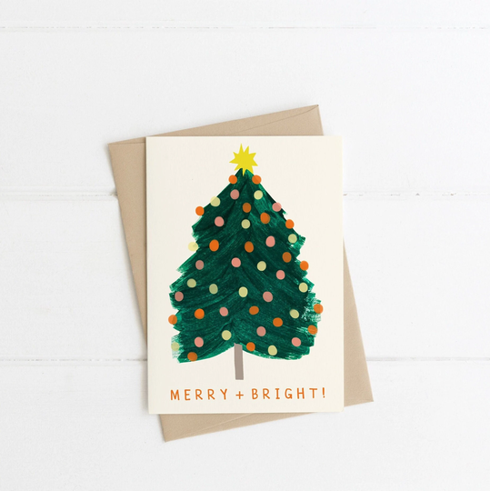 Merry & Bright Tree Christmas Card | Xmas Seasons Greeting Eco-Friendly Recycled Hand Painted