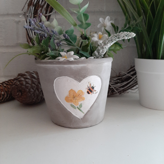 Bee & Buttercup Cement Plantpot. A Small Rustic & Bees Decorated Planter