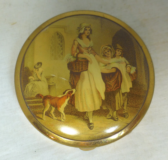 Yardley London Small Vintage English Lavender Seller Gold Tone Powder Compact/Make-Up Mirror - Pat 319574 Period Lady Two Children & Dog