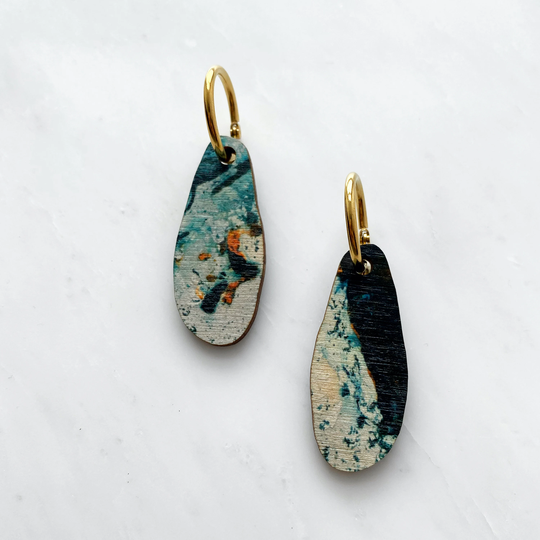 Organic Wavy Hoops - Geometric Hoop Earrings Irregular Gifts For Her Teal & Orange Marble