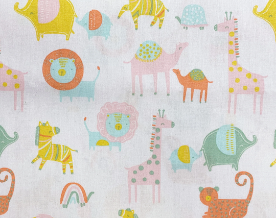 100% Organic Cotton - Safari Animals On White Childrens Craft Fabric Material