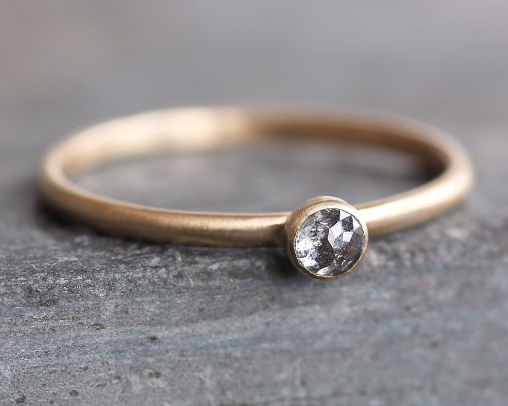 Rose-Cut Blue Grey Diamond Ring, 14K Solid Gold Band, 3mm Conflict Free Natural Salt & Pepper Diamond, Bezel Stacking Ring