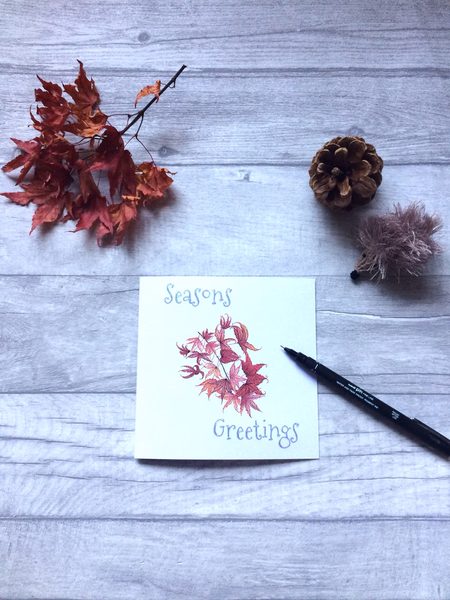 Hand Drawn Seasonal Card With Autumn Leaf Illustration -Blank Inside