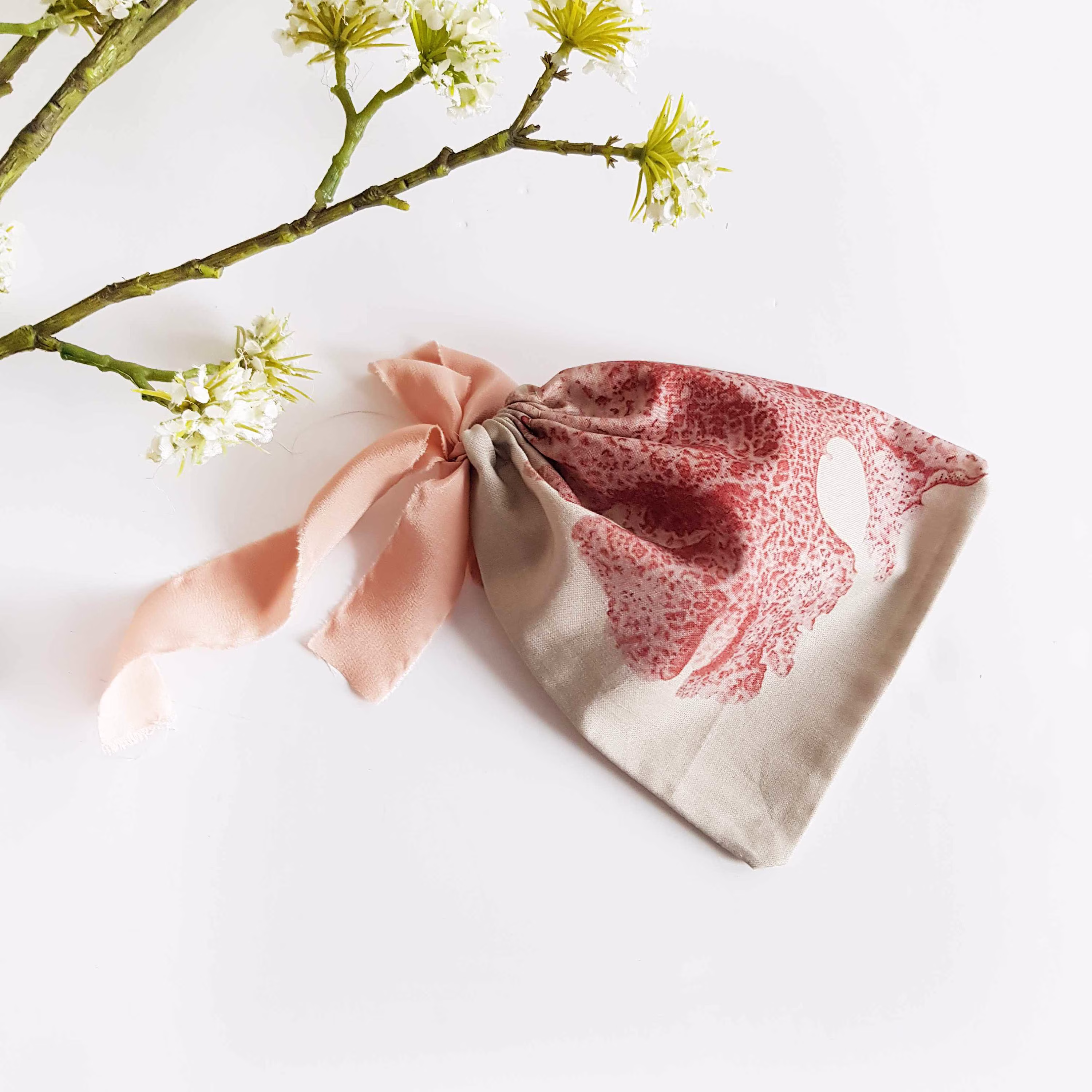 Eco-Friendly Japanese Seaweed Print Drawstring Pouches. Gift Bags Made With Oeko-Tex Cotton & Silk Tie