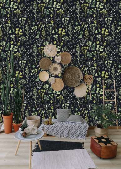 Herbs & Floral Motifs Removable Wallpaper-Peel Stick Wallpaper-Wall Mural - Self Adhesive Wallpaper
