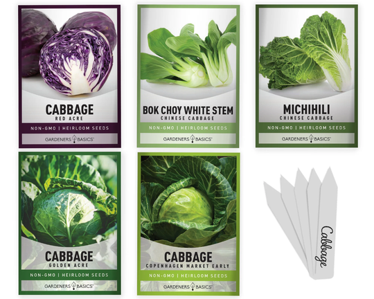 Cabbage Seeds For Planting 5 Pack - Bok Choy, Michihili, Red Acre, Golden & Copenhagen Market Varieties Heirloom, Non-Gmo